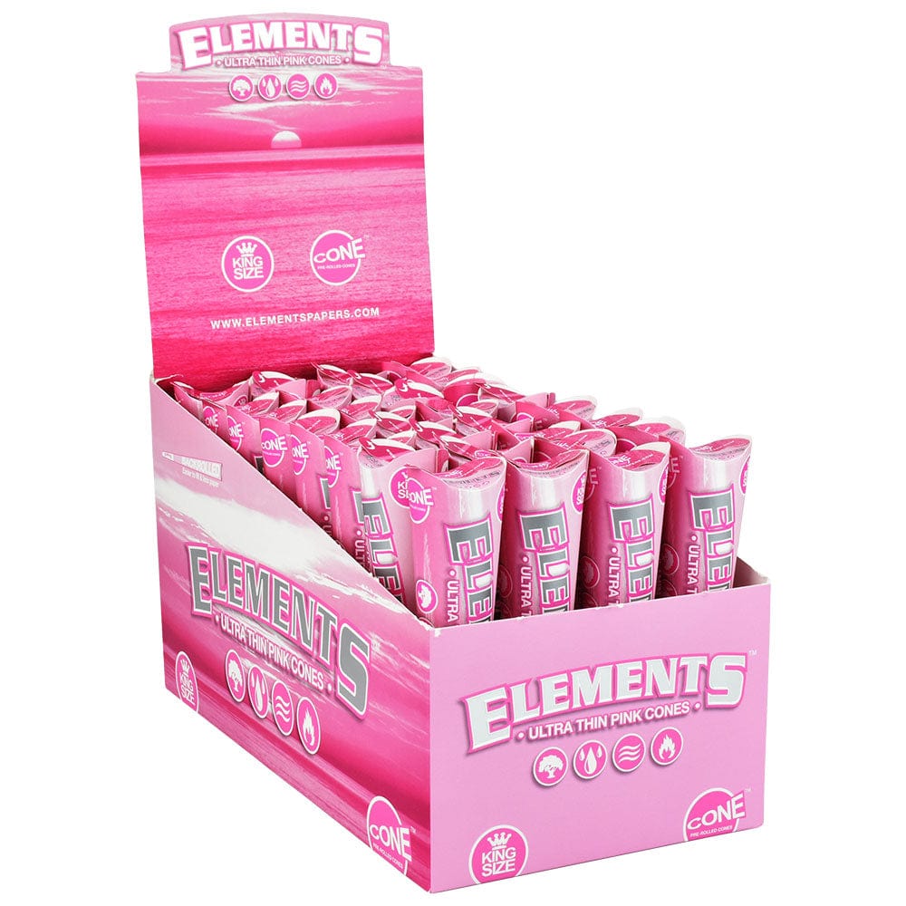 A display of 32 pink Elements Ultra Thin Cones is shown from a slight upward angle, highlighting the branded packaging.