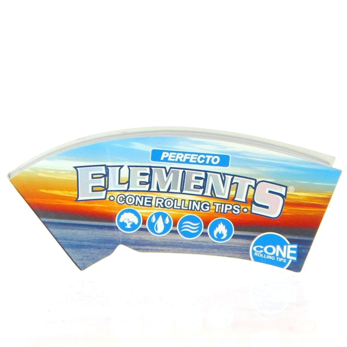 A close-up of the Elements Perfecto Cone Rolling Tips package, displaying the brand logo and product name on a blue background.
