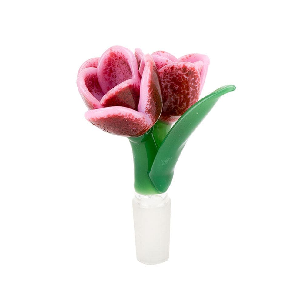 A detailed studio shot of the Empire Glassworks Tulip Bong Bowl, showcasing its vibrant pink flower-shaped design.
