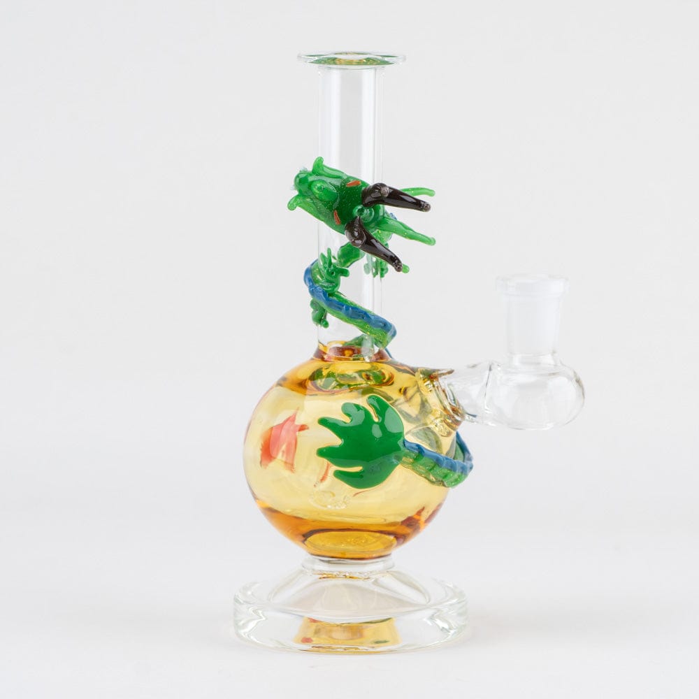 Front view of the Dragon Sphere Mini-Tube, featuring a clear glass sphere with intricate dragon detailing and a slender neck.