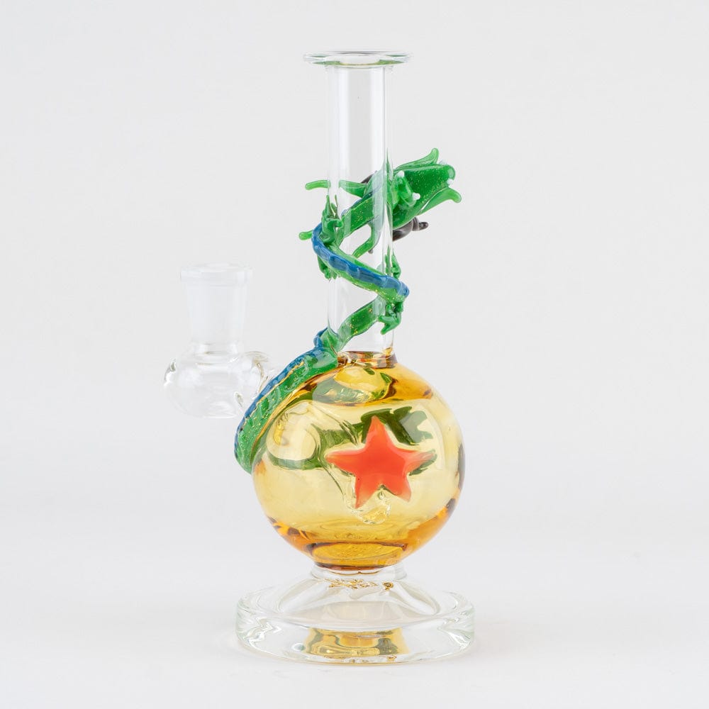 Front view of the Dragon Sphere Mini-Tube, a clear glass piece with a rounded base and a swirling, colorful accent.