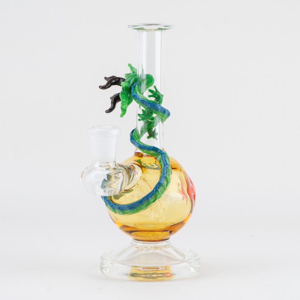 Front view of the Dragon Sphere Mini-Tube, a clear glass tube with a sculpted dragon design ascending from the base.
