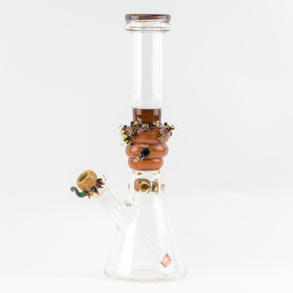 Front view of the Save the Bee's Beaker, a clear glass beaker with decorative accents around the neck.
