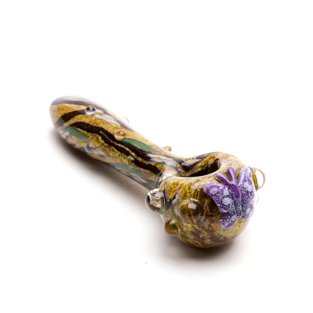 A close-up, angled view of the Butterfly Mini Spoon Pipe, showing its colorful glass design and curved shape.