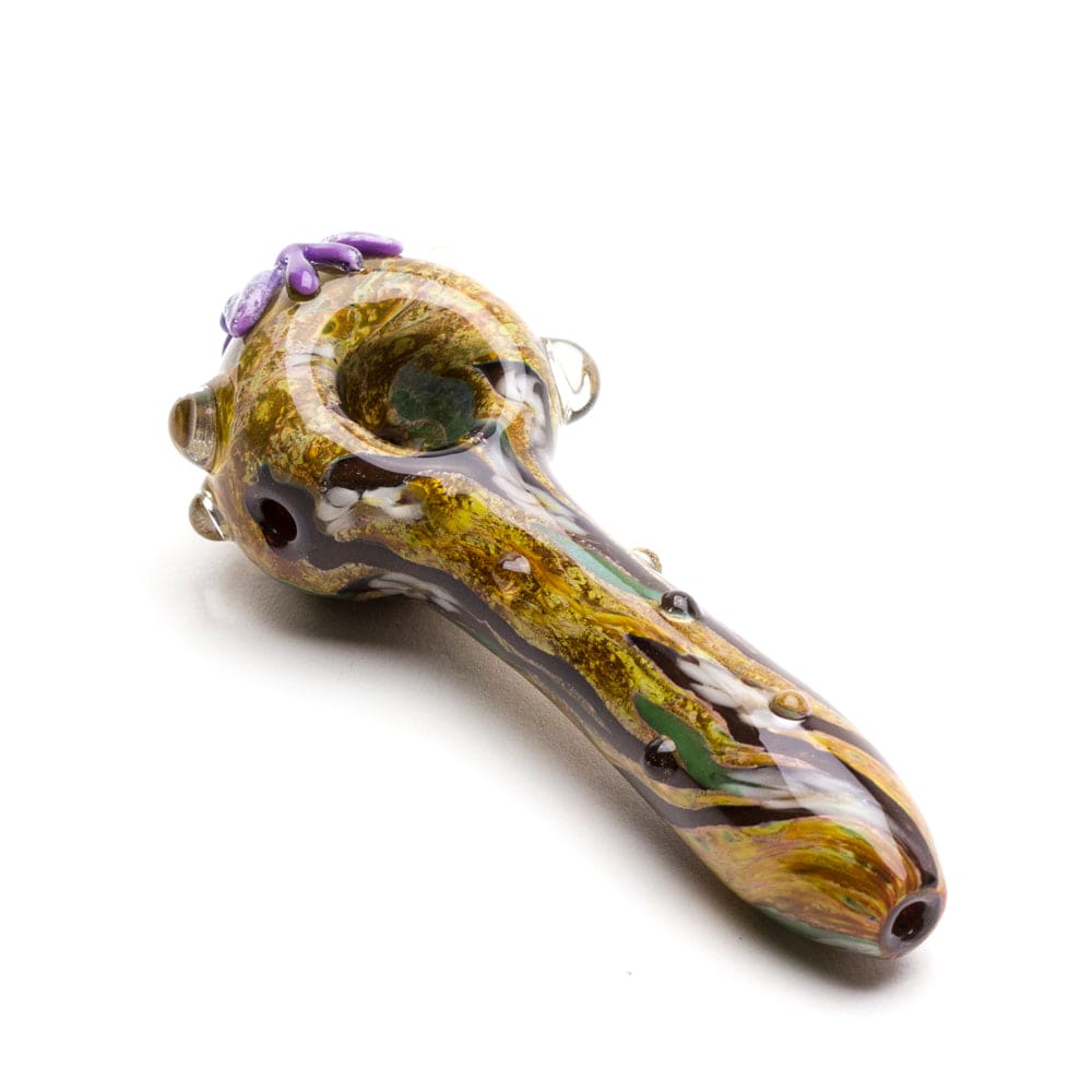 A close-up, angled view of the Butterfly Mini Spoon Pipe, showcasing its colorful glass design against a plain white background.
