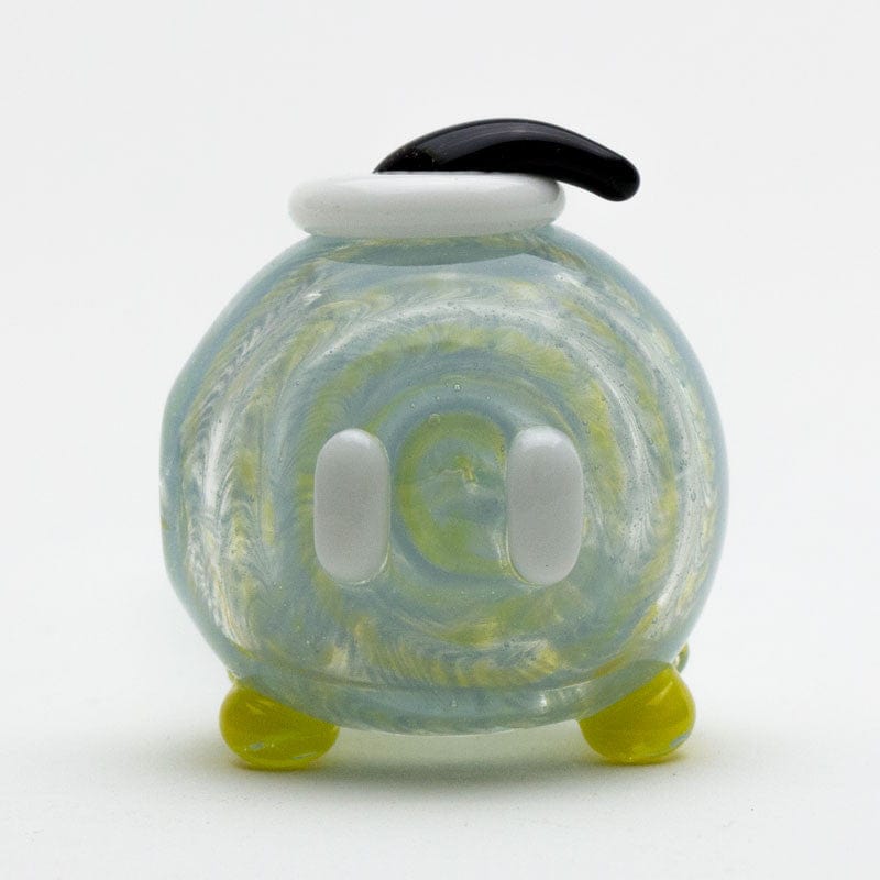 Front view of the Bomber Spoon Pipe, showing a rounded glass bowl with a speckled yellow and green pattern.