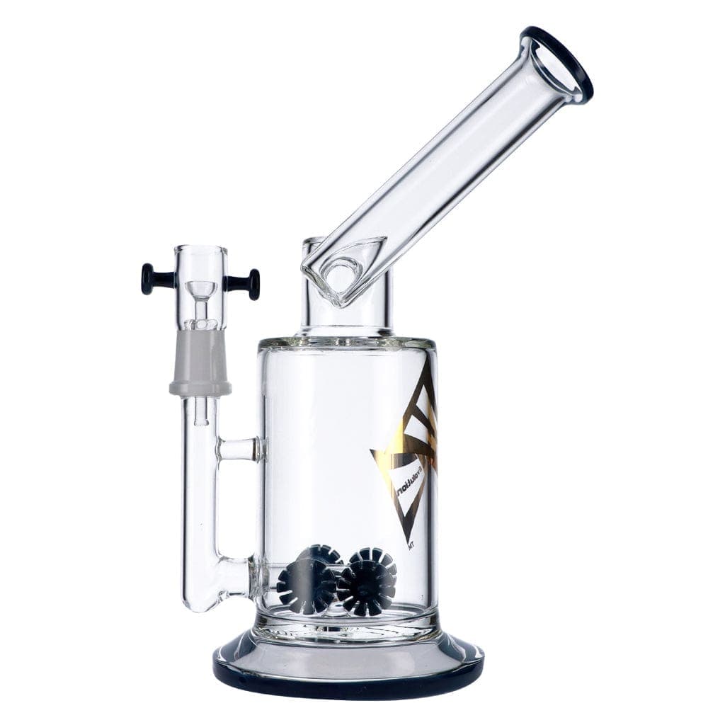 A three-quarter view of the Discovery 9" Dab Rig, showcasing its clear glass construction and compact design against a plain white background.