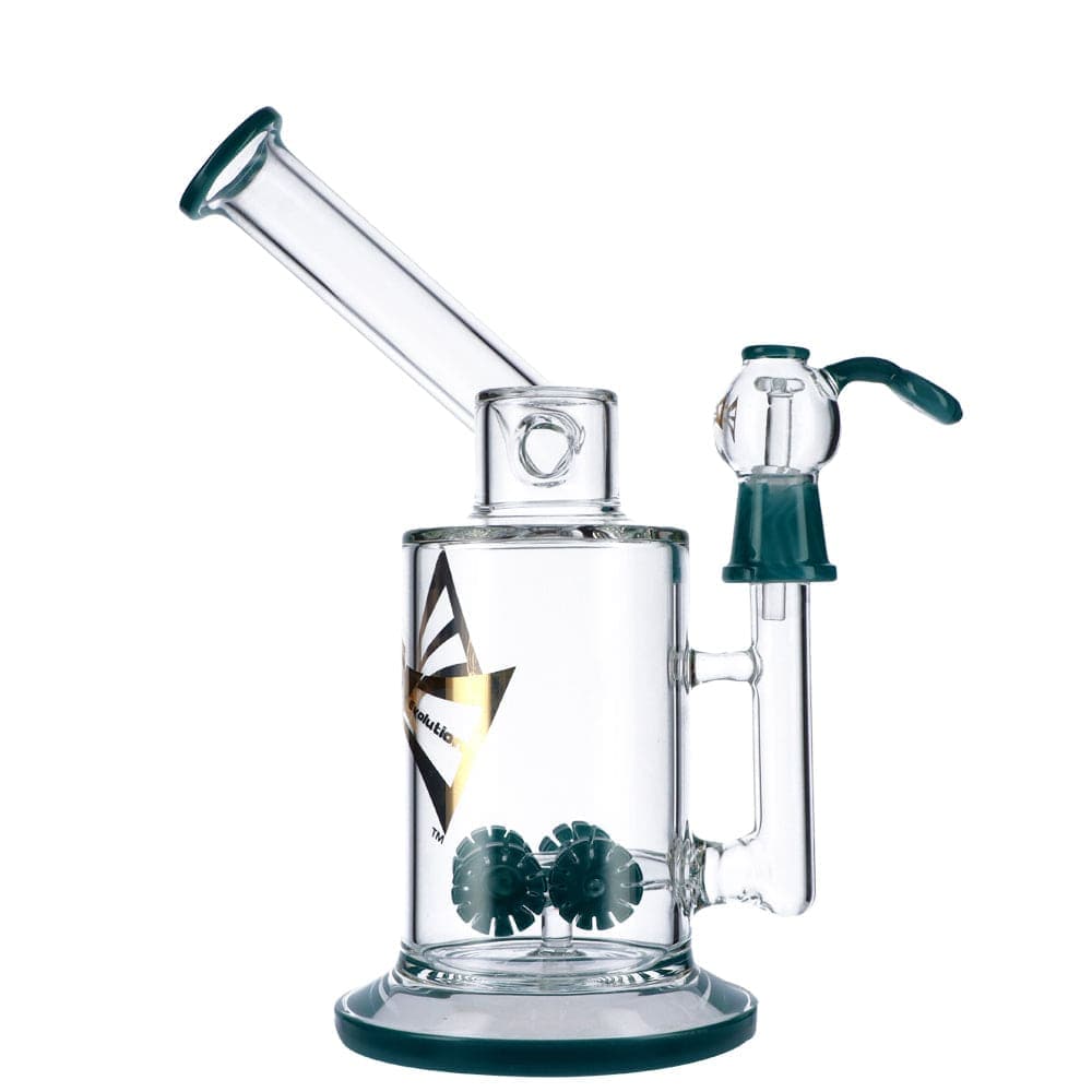 A studio shot of the Discovery 9" Dab Rig, displaying its clear glass construction and compact tabletop arrangement.