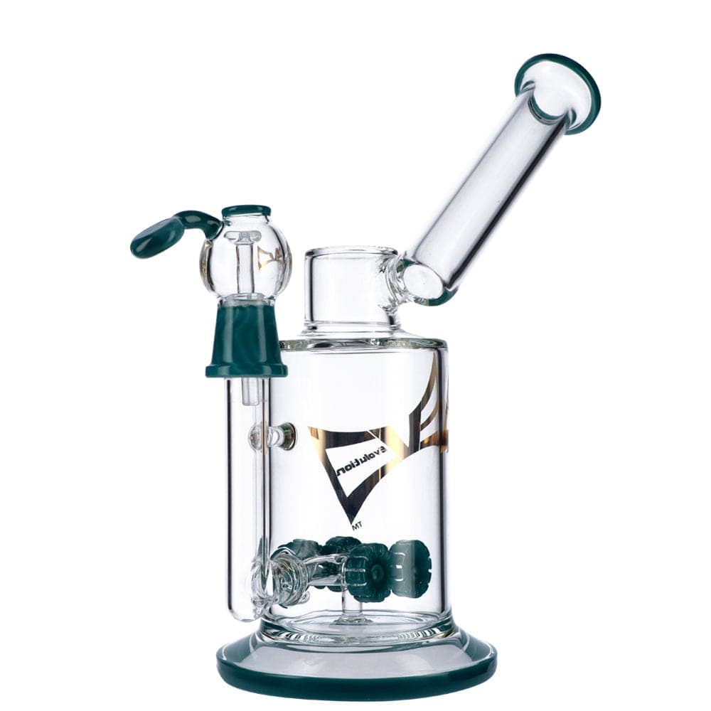 Front view of the Discovery 9" Dab Rig, a clear glass rig with a rounded base and curved neck, illuminated against a plain white background.