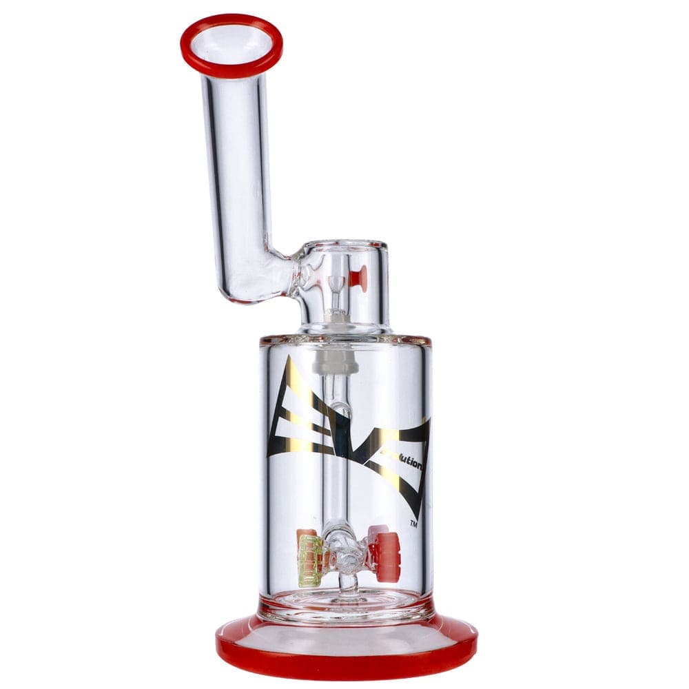 A studio shot of the Discovery 9" Dab Rig with a clear glass construction and red accent on the base.