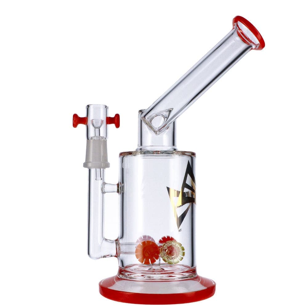 Front view of the Discovery 9" Dab Rig, a clear glass rig with a red base, angled for a detailed presentation.