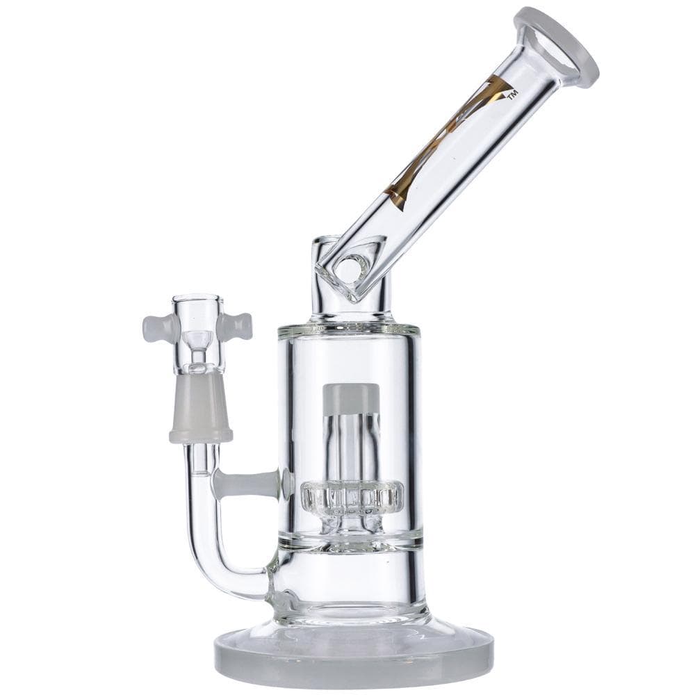 Front view of the Mist 9" Dab Rig, a clear glass rig with a wide base and angled neck, set against a plain white background.