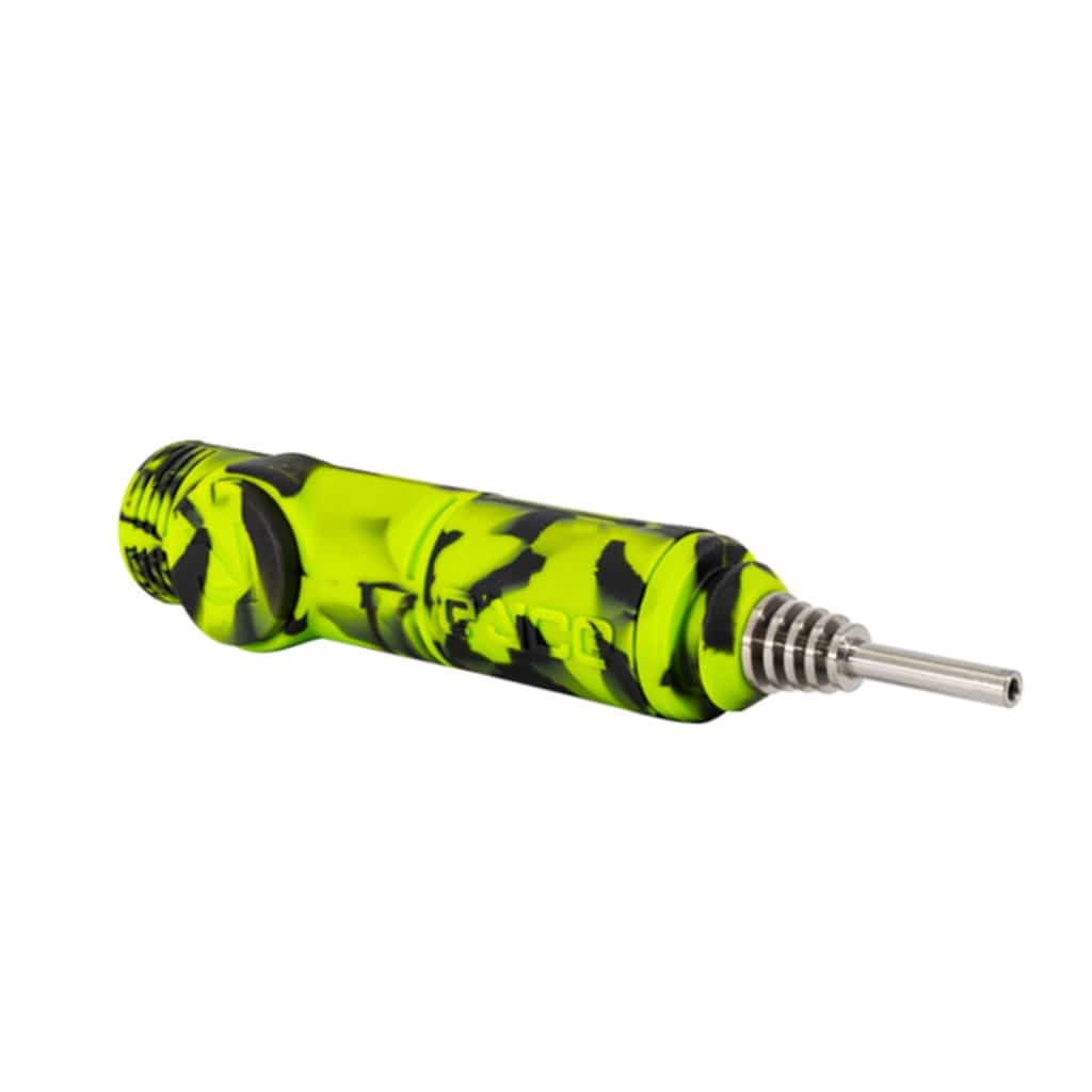 A close-up angled view of the Eyce Silicone Nectar Collector with a dark and light patterned design.