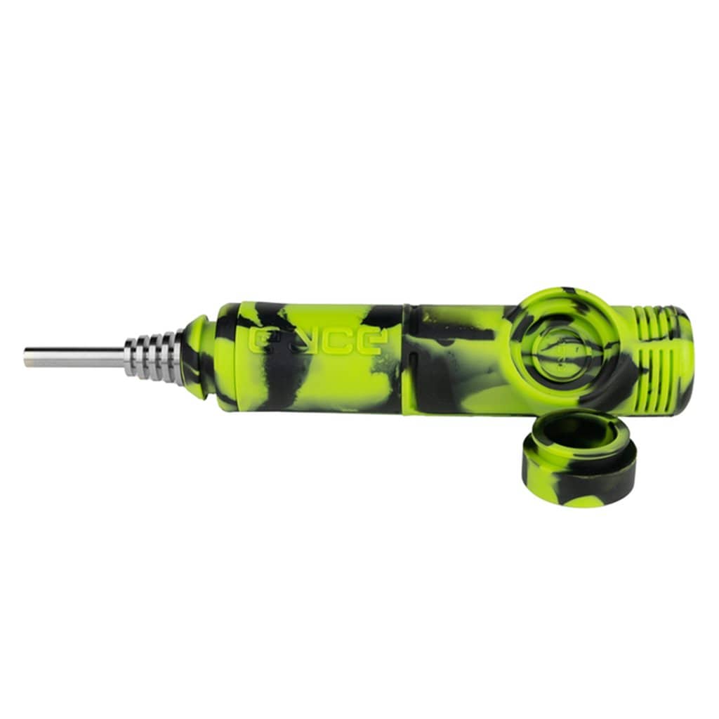 A close-up view of the Eyce Silicone Nectar Collector, featuring a curved tip and a dark, textured surface.