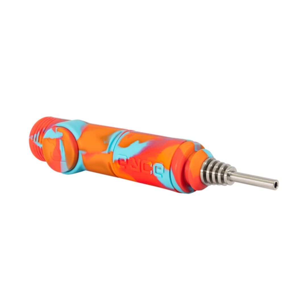 A close-up shot of the Eyce Silicone Nectar Collector, displaying its curved tip and smooth, colorful silicone body.