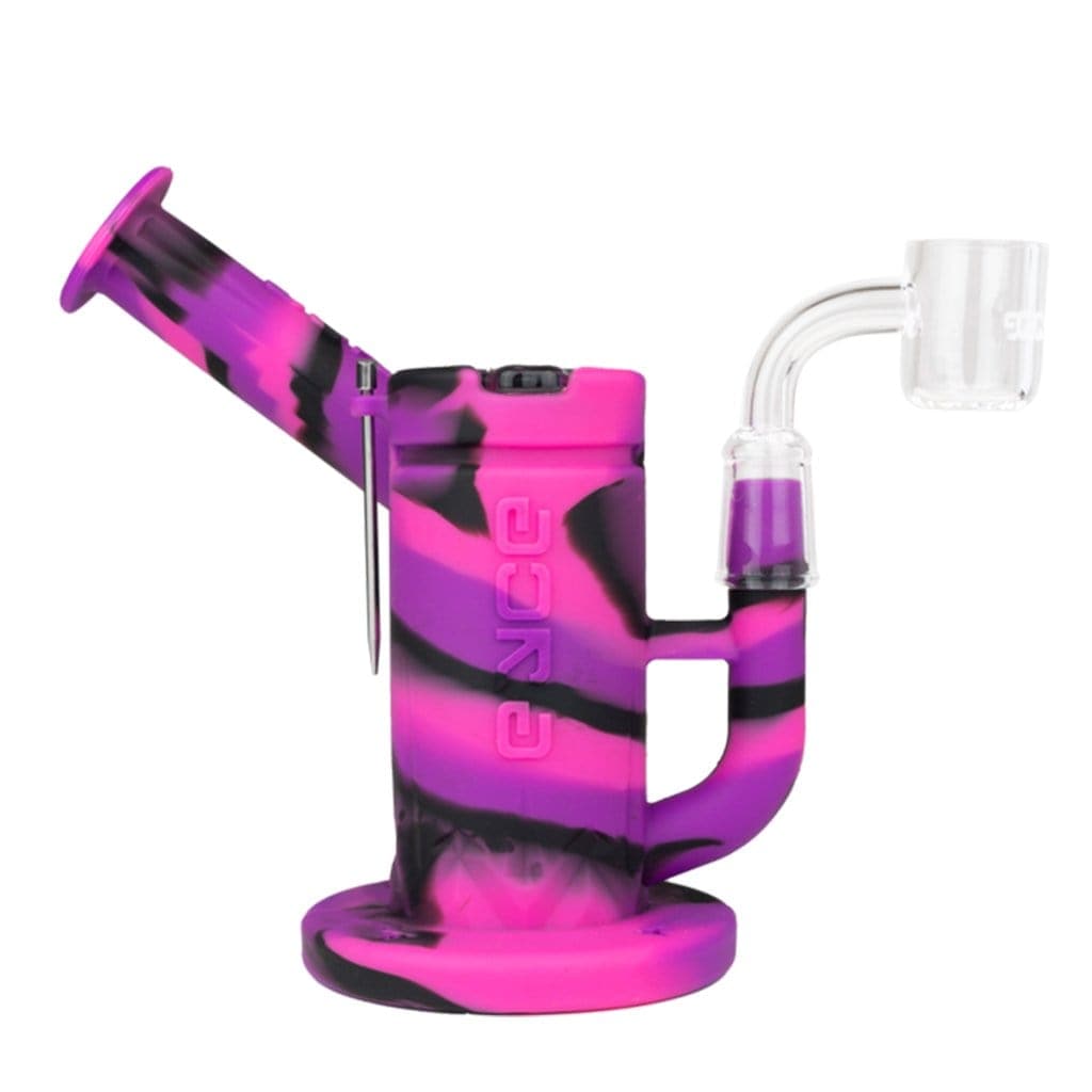 Front view of the Eyce Sidecar, a purple silicone attachment with a clear glass bowl, angled against a white background.