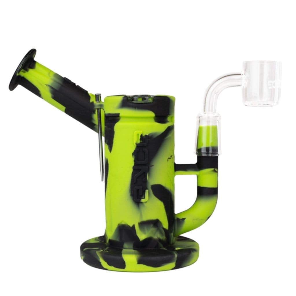 Front view of the Eyce Sidecar, a green and clear glass attachment with a curved neck and detailed textured grip.