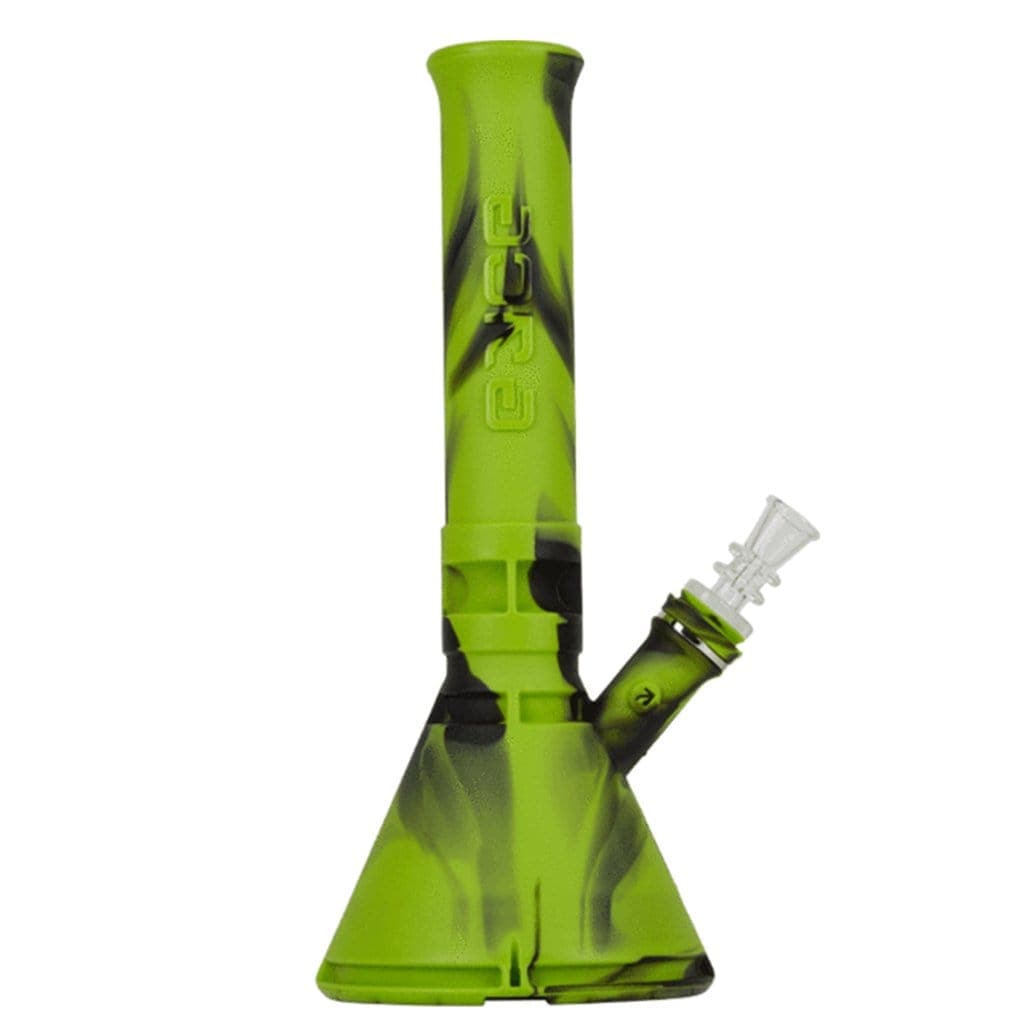 A front view of the Eyce Beaker, showing a green glass beaker with a wide base and cylindrical neck.