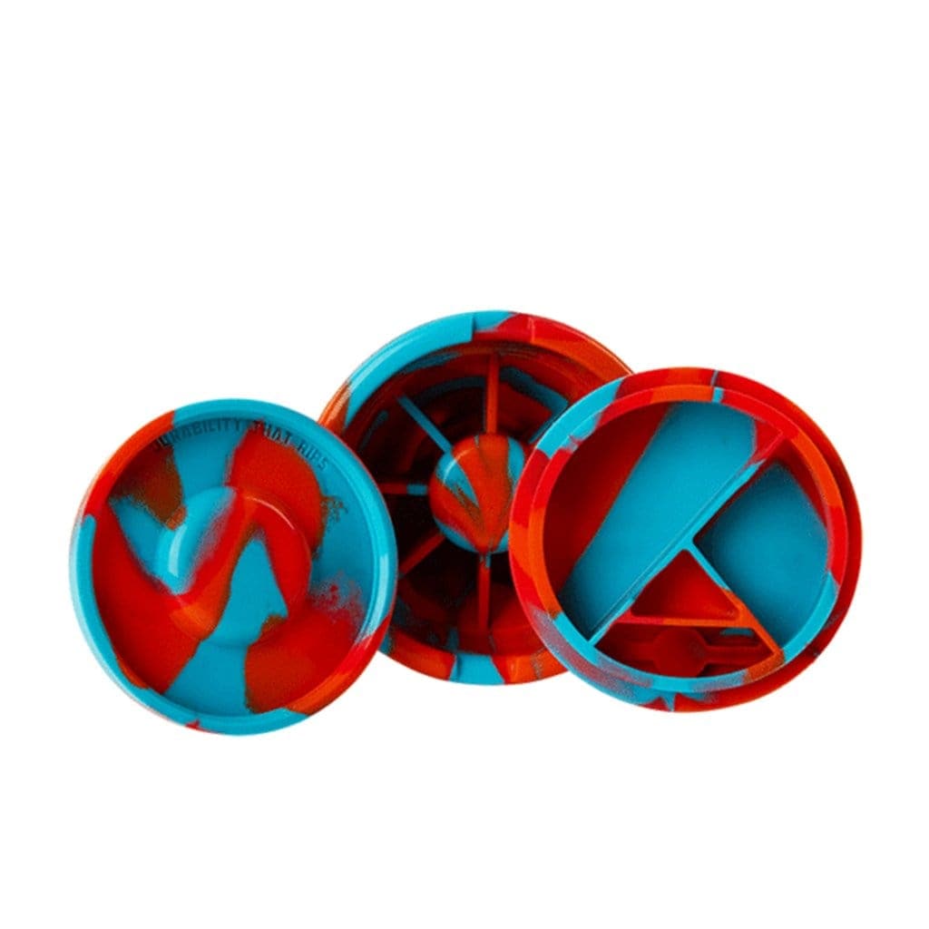 Overhead view of the Eyce Beaker, showcasing its circular form and internal division in a vibrant, contrasting color scheme.