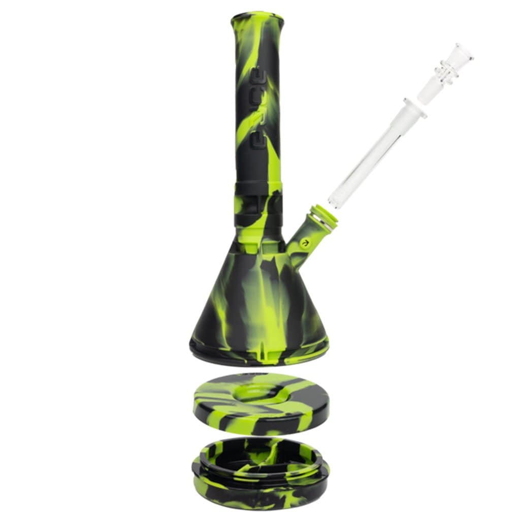 Front view of the Eyce Beaker, displaying the glass piece with a swirling dark and light pattern and a separate glass dish below.