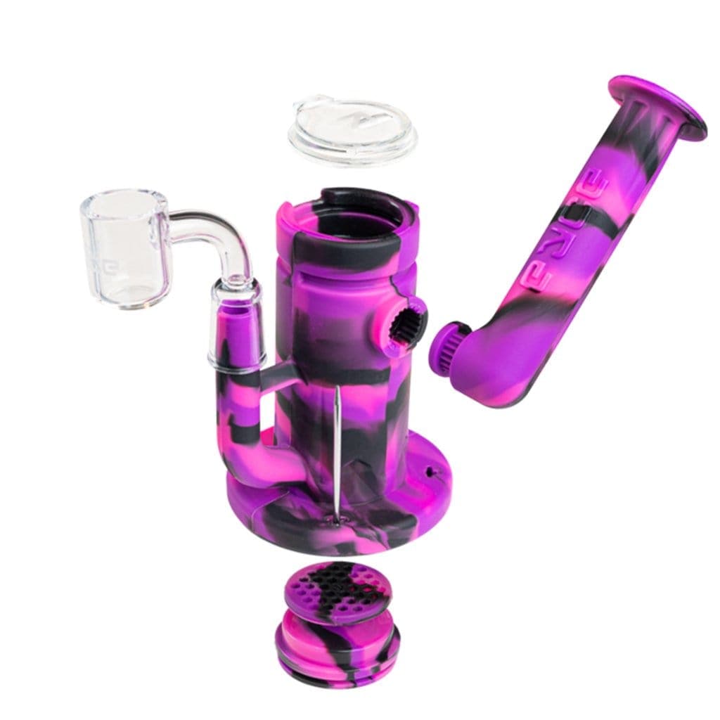 A slightly angled view of the Eyce Sidecar, showing the silicone attachment with a clear glass bowl resting above it.