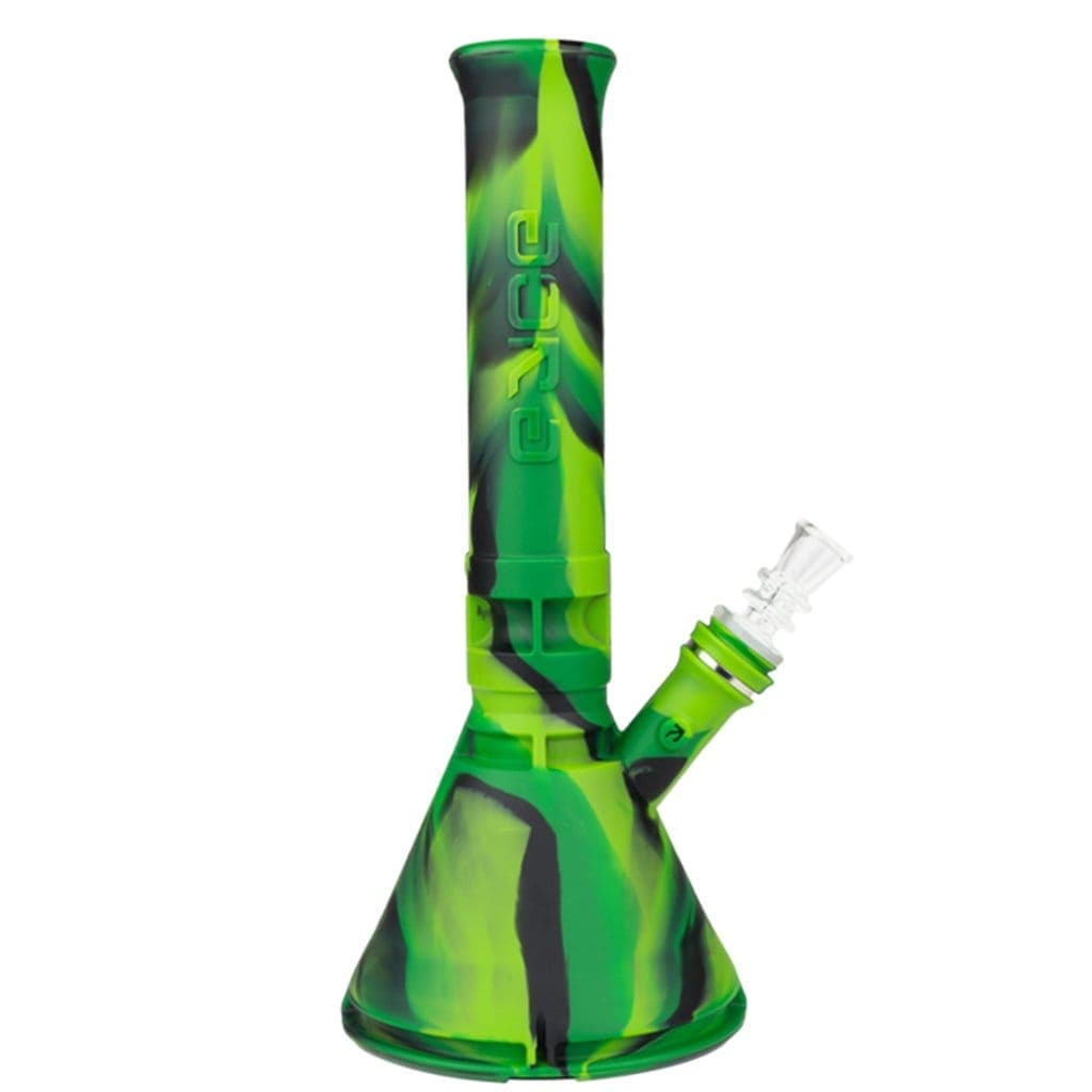 Front view of the Eyce Beaker, a green silicone water pipe with a classic beaker shape and ribbed texture.