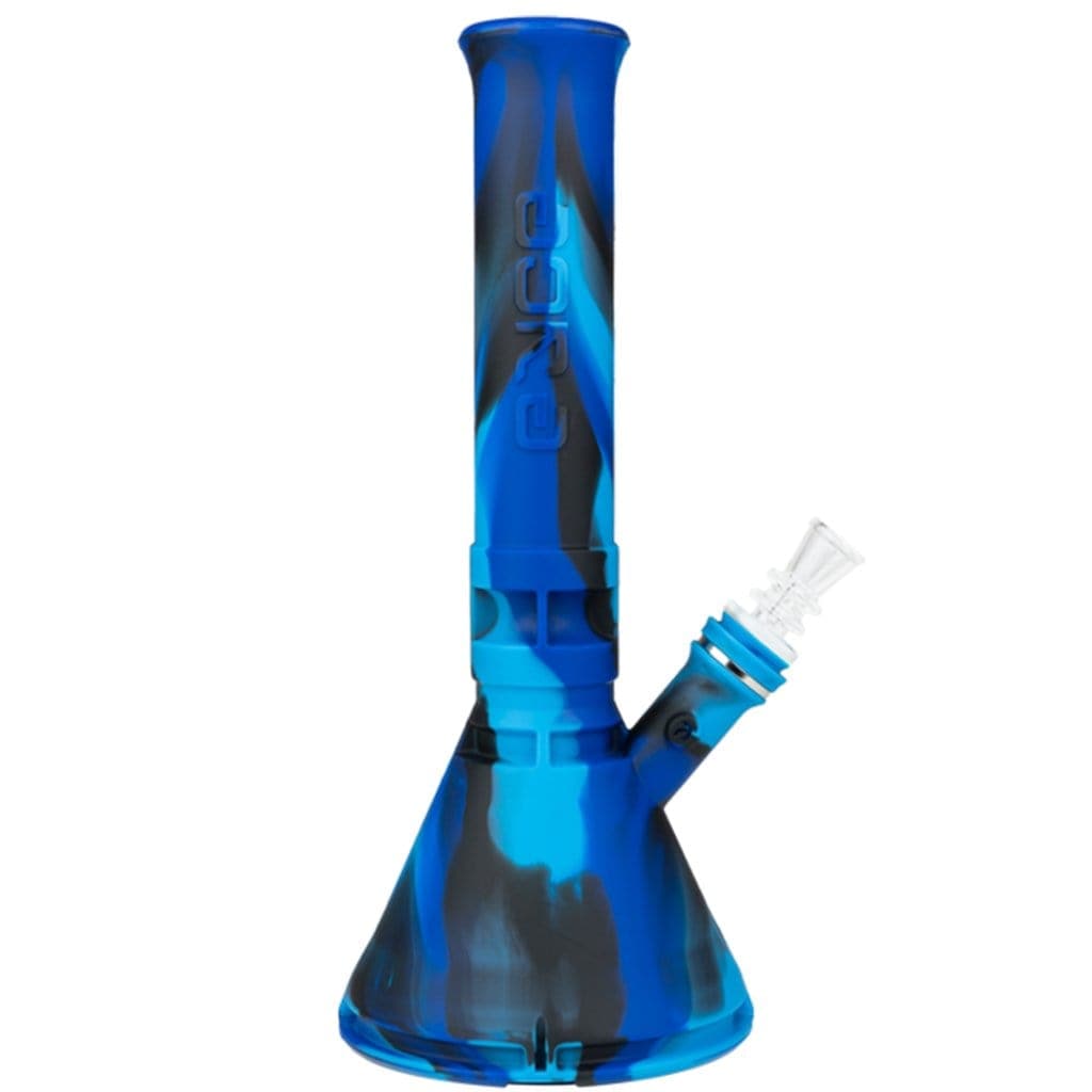 Front view of the Eyce Beaker, a blue glass piece with a wide base and narrow neck, against a white background.