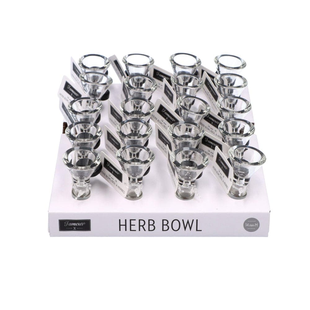 A tray of twenty Famous X 14mm Male Replacement Bowls is presented in a top-down view, showcasing the small, clear glass pieces.