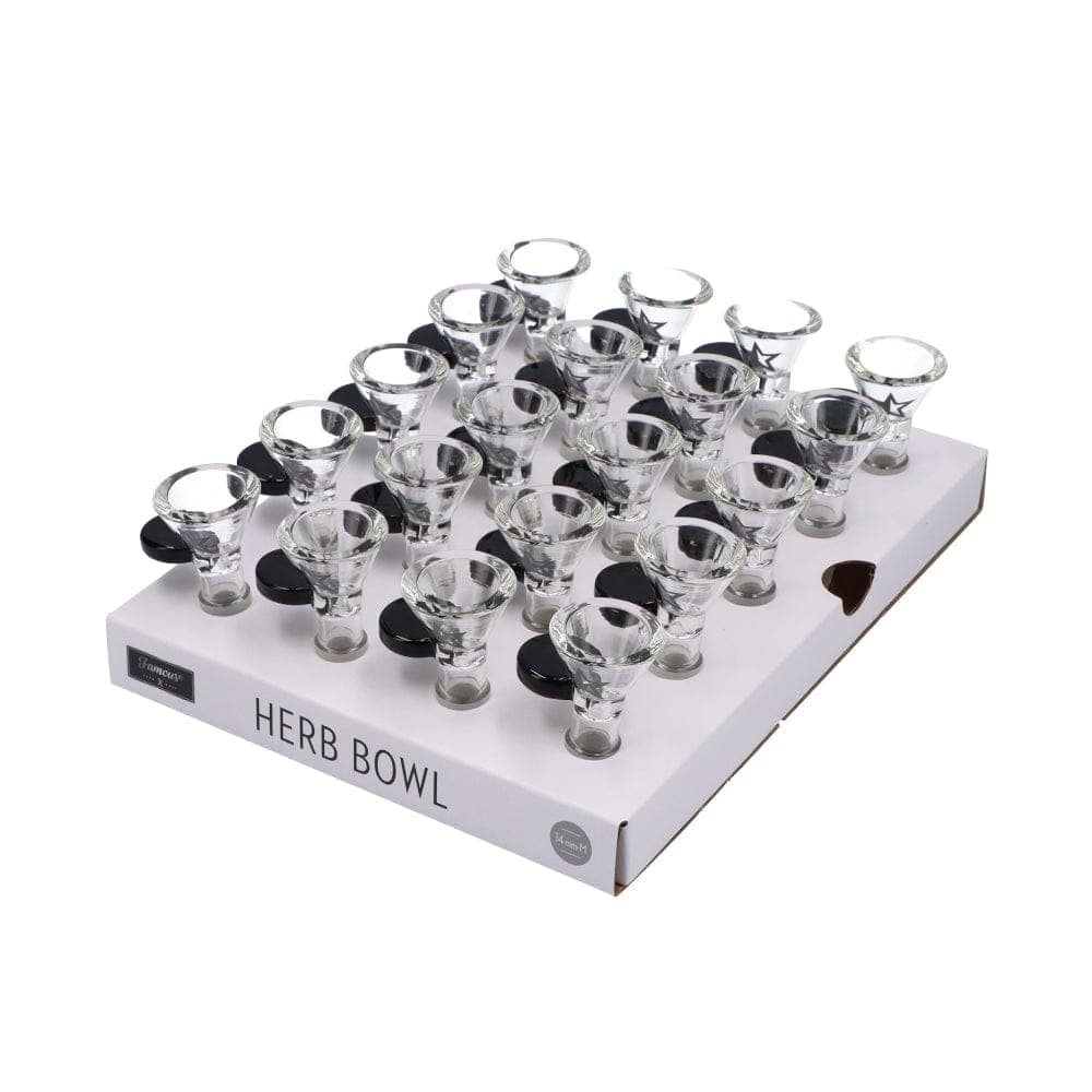 A tray of 20 clear glass Famous X 14mm Male Replacement Bowls are displayed in a top-down view with soft lighting.