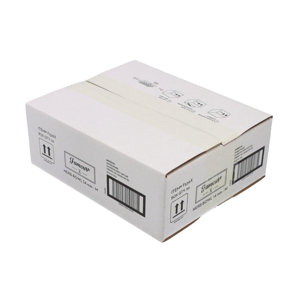 A tray of 20 Famous X 14mm Male Replacement Bowls is pictured, viewed from above and showcasing the product’s packaging.