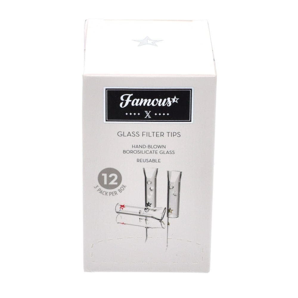 Front view of the Famous X Glass Filter Tips 3-Pack, showcasing the white packaging with black branding details.