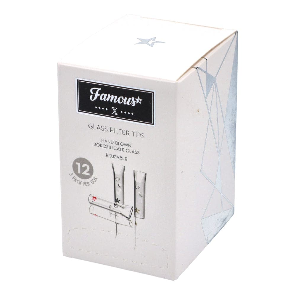 Front view of the Famous X Glass Filter Tips 3-Pack, showing the small, branded packaging on a plain white background.