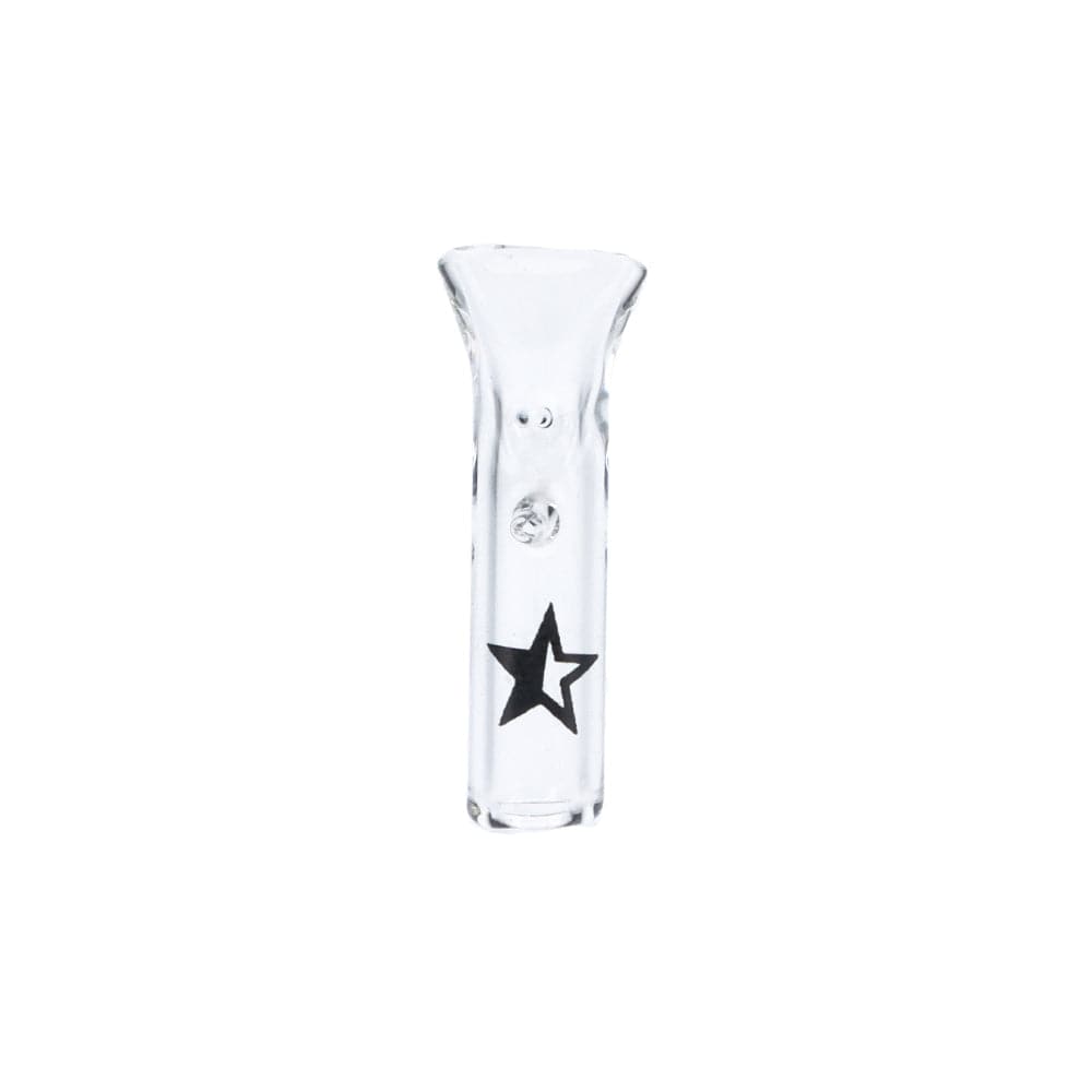 A close-up shows the Famous X Glass Filter Tips 3-Pack, with a clear glass cylindrical shape and a simple, clean design.