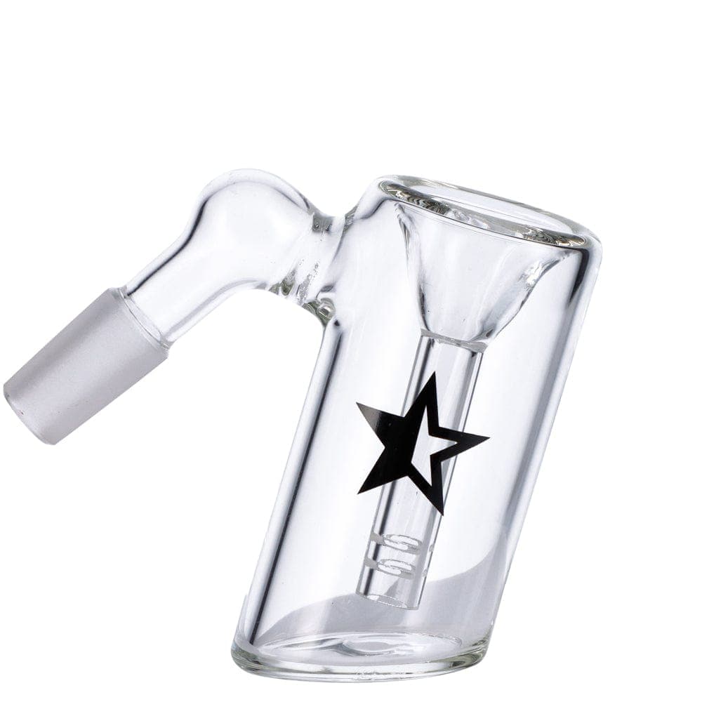 A 45-degree view of the Famous X Glass Ash Catcher, showing its clear glass construction and angled design.
