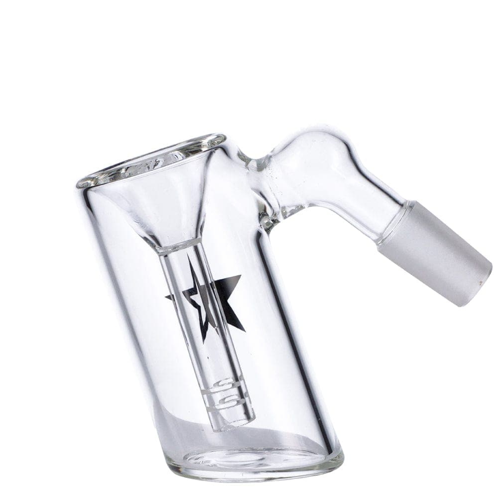A 45-degree view of the Famous X Glass Ash Catcher, showcasing its clear glass construction and angled design.