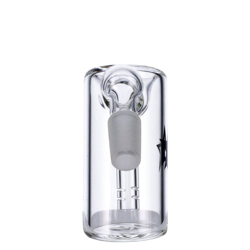Front view of the Famous X 45 Degree Glass Ash Catcher, showcasing its clear glass construction and angled design.