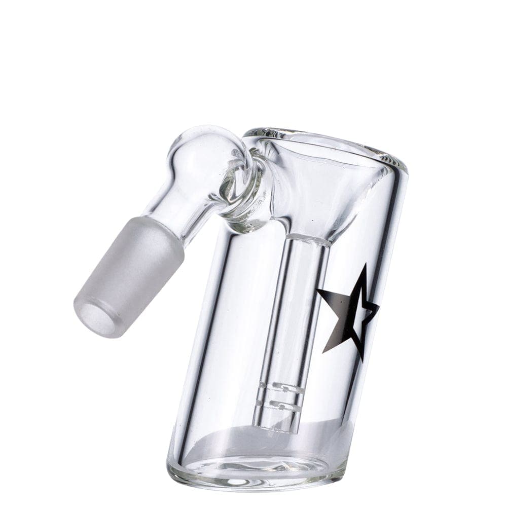 A 45-degree angled view of the Famous X Glass Ash Catcher, showcasing its clear glass construction and smooth curves.