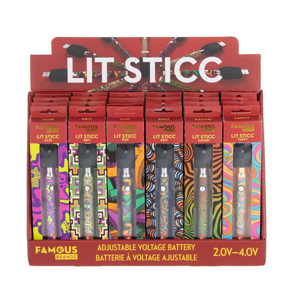 Front view of a mixed tray displaying the Famous Design Lit Sticc adjustable voltage batteries, showcasing vibrant color variations.