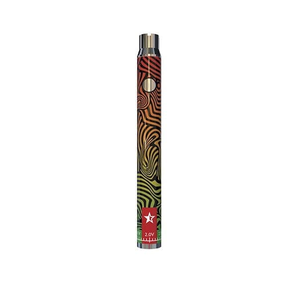 Front view of the Famous Design Lit Sticc battery, showcasing its patterned design against a plain white background.