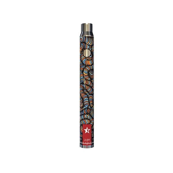 Front view of the Famous Design Lit Sticc battery, featuring a colorful, patterned design on a sleek, cylindrical shape.