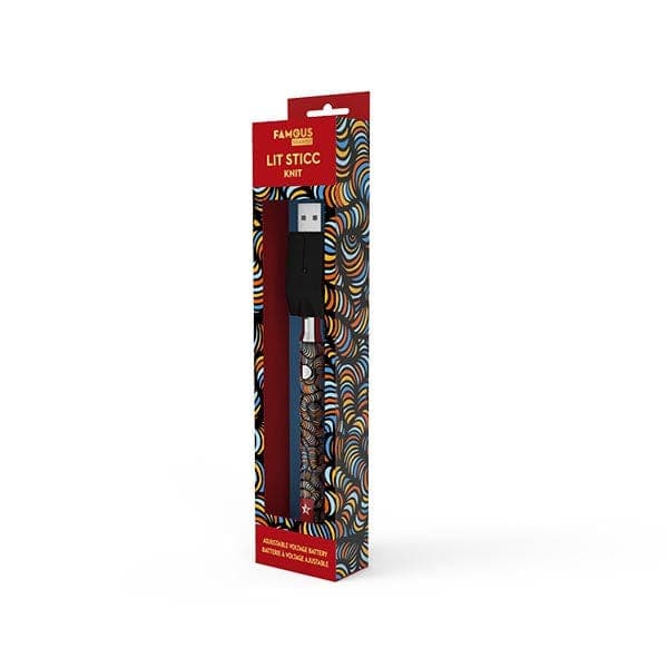 Front view of the Famous Design Lit Sticc adjustable voltage battery, showing its patterned design against a plain white background.