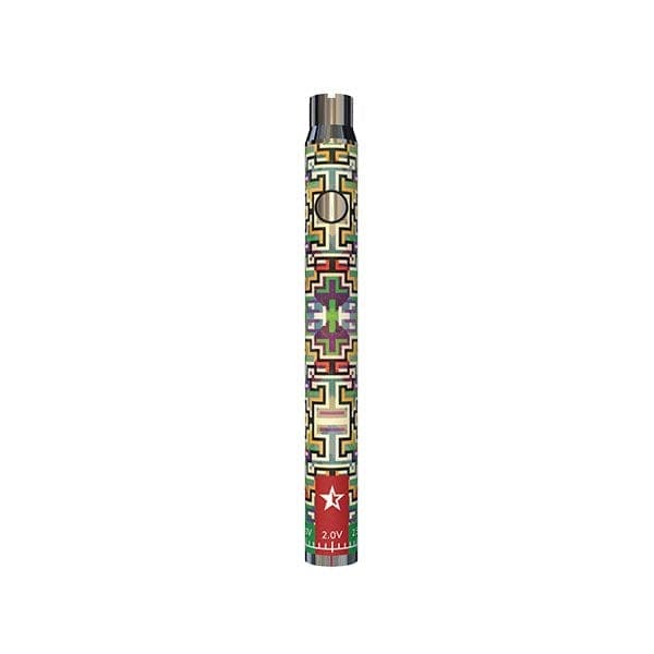 Front view of the Famous Design Lit Sticc, a cylindrical battery with a colorful, patterned design.
