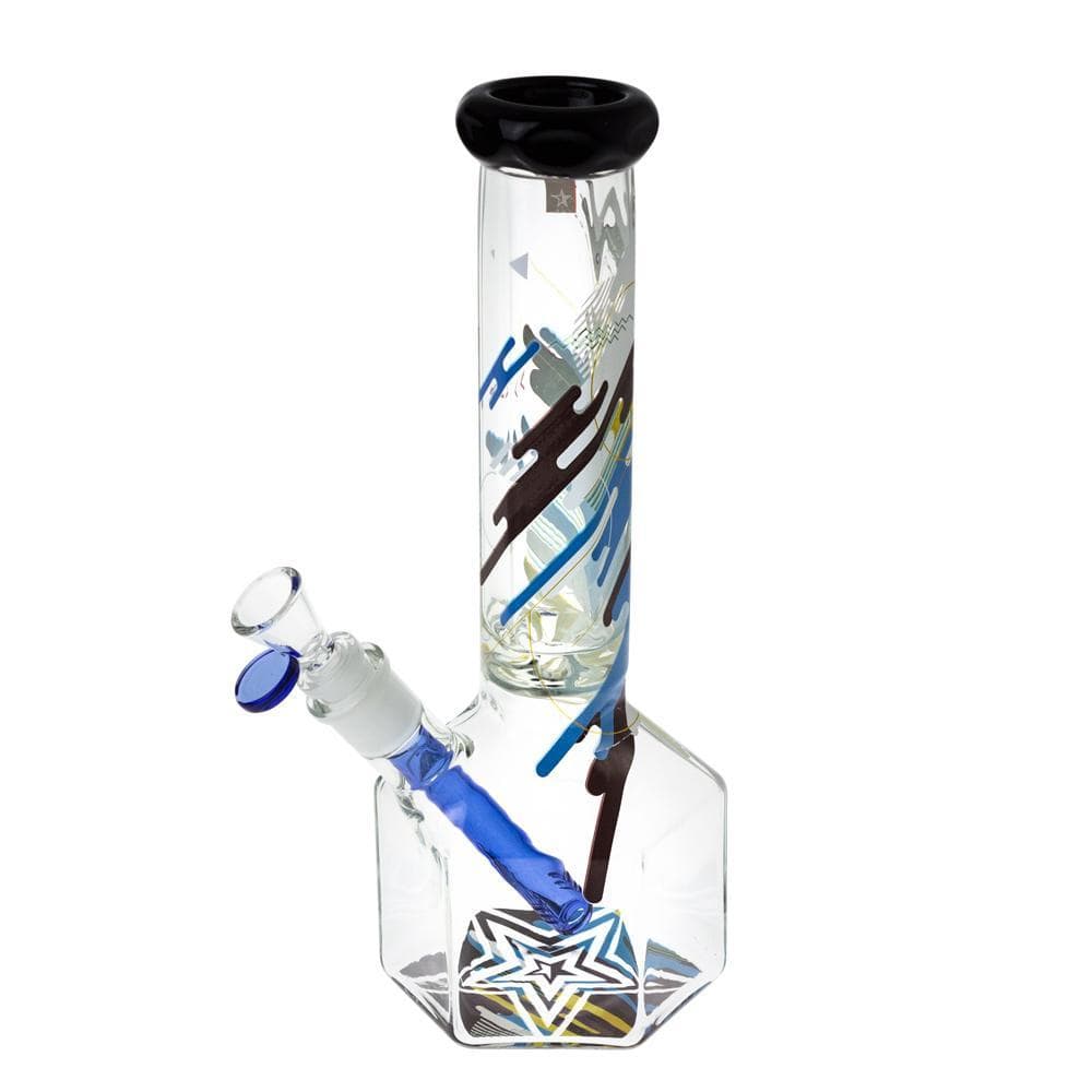 Front view of the Octagon 12" Water Pipe, showing a clear glass pipe with a black mouthpiece and patterned body.
