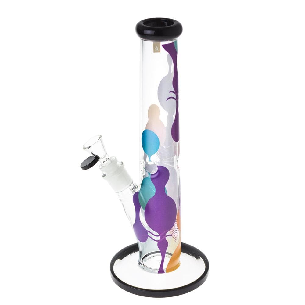Front view of the Panorama 12" Straight Water Pipe, showcasing the clear glass tube with a black base and circular support.