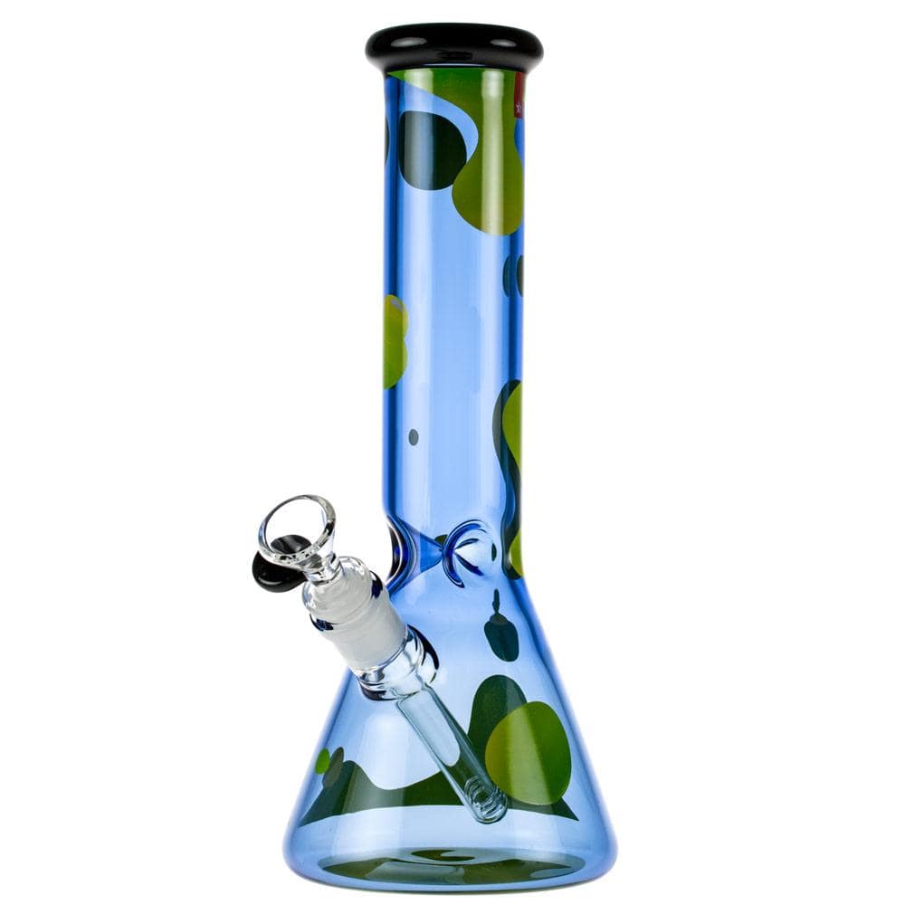 Front view of the Famous X Privilege 12" Beaker Bong in blue glass with green dot accents against a white background