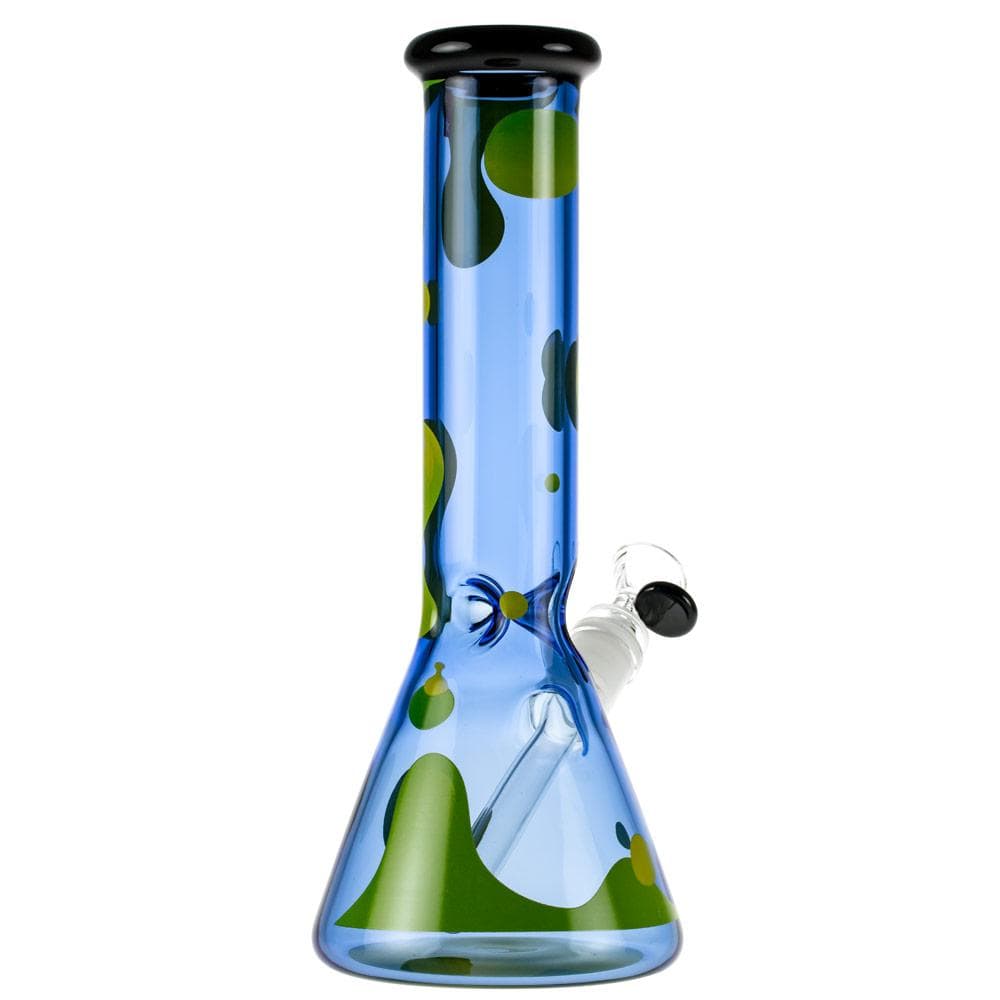 Front view of the Famous X Privilege 12" Beaker Bong showing a blue glass tube with green abstract spots and a clear downstem against a white background