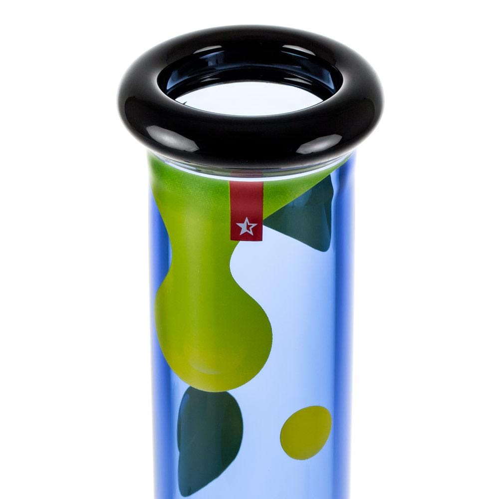 Close-up top view of the Famous X Privilege 12" Beaker Bong showing a glossy black rim and blue glass tube with green and yellow abstract shapes.