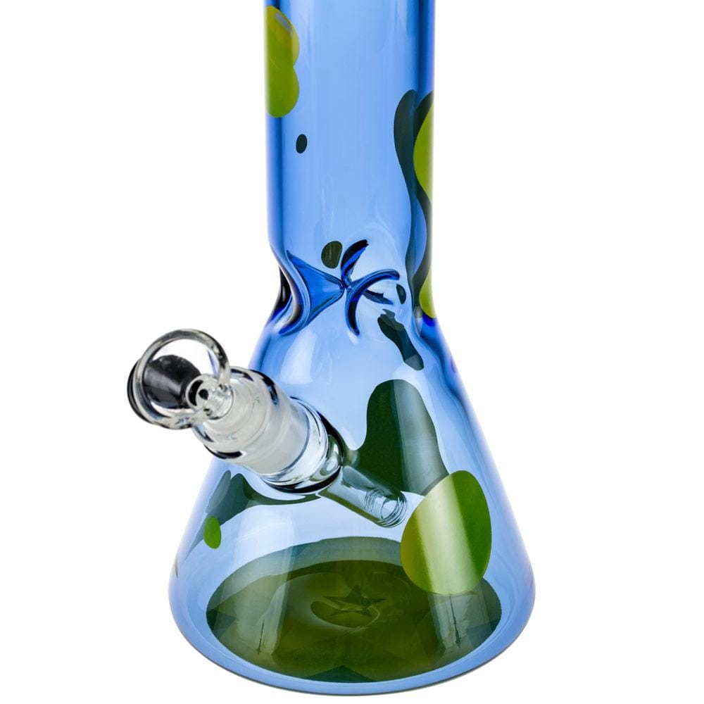 Close-up front view of the Famous X Privilege 12" Beaker Bong showing its blue glass beaker base with green spots and clear downstem.