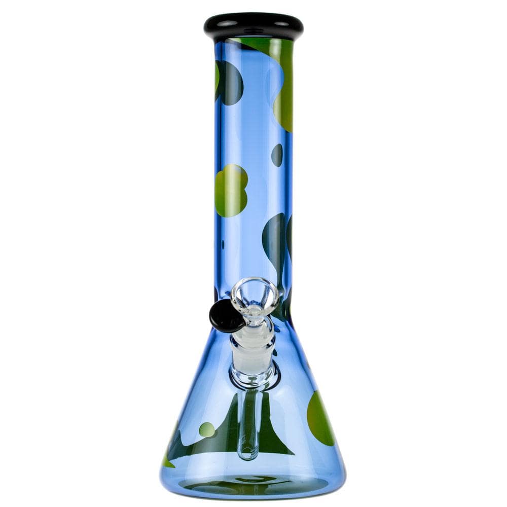 Front view of the Famous X Privilege 12" Beaker Bong showing a blue glass beaker body with green spots, clear downstem and black-rimmed mouthpiece.