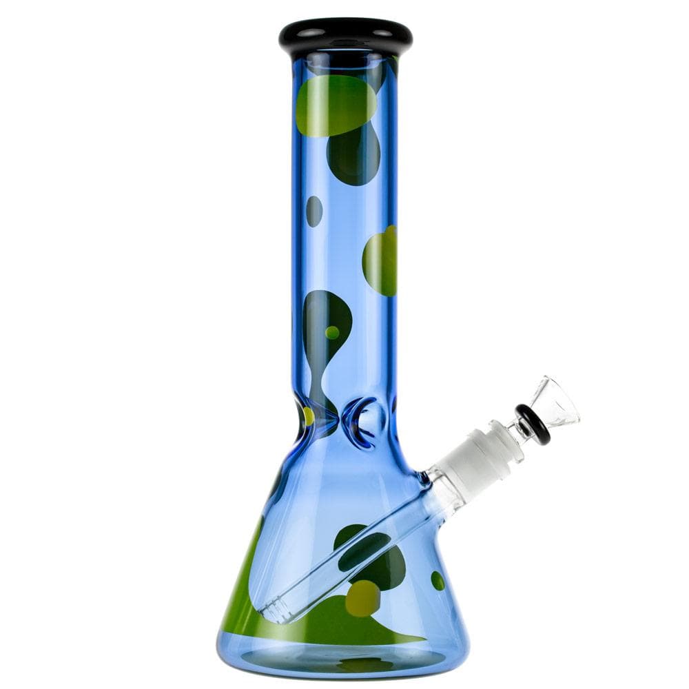 Front view of the Famous X Privilege 12" Beaker Bong in blue glass with green polka-dot accents against a white background.